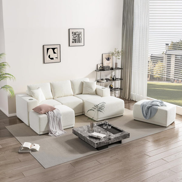 Akaber 101" Modular Sectional Sofa with U-Shape Chaise, 3-Seater Comfy Cloud Couch with Movable Ottoman, Deep Seat Couches for Living Room with Throw Pillows, White