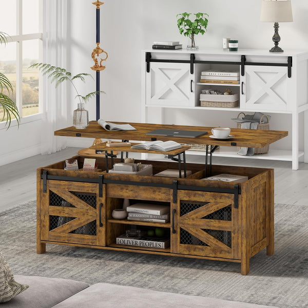 47.2" Lift Top Coffee Table, 4 in 1 Farmhouse Coffee Table with Sliding Barn Door, Coffee Tables for Living Room, Dining Room