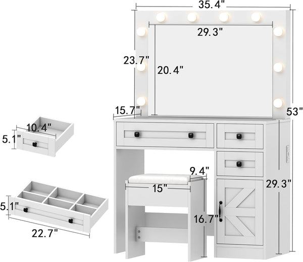 35.4" Makeup Vanity Desk with Mirror and Light,Glass Tabletop Farmhouse White Vanity with Power Outlet & 3 Drawers, 3 Color Lighting Mode, Bedroom Vanity Desk for Girl, Women