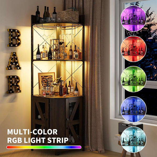 Corner Bar Cabinet with RGB LED Lights and Power Outlet, 63 Inch, 5-Tier Industrial Corner Wine Cabinet with Glass Holder, Corner Liquor Cabinet for Home, Coffee Bar Cabinet