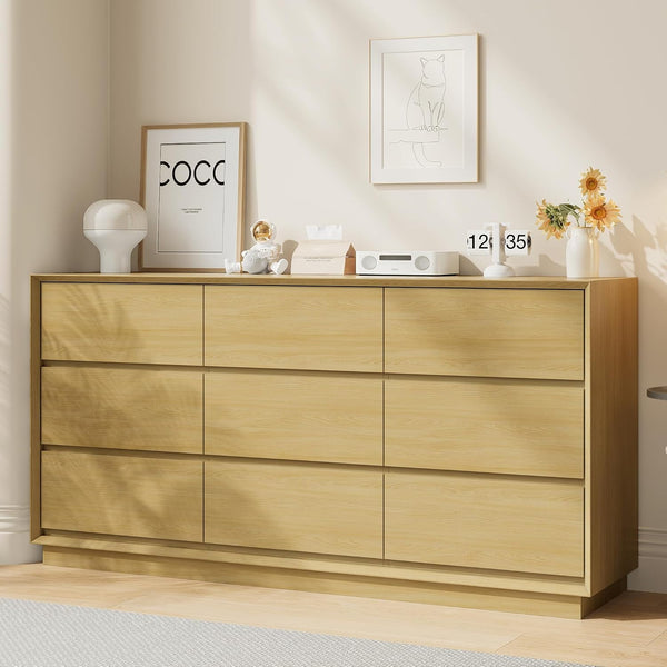 Akaber US 63'' Wooden Dresser for Bedroom, Large Dresser with 9 Deep Chests of Drawers for Bedroom, Living Room, Closet