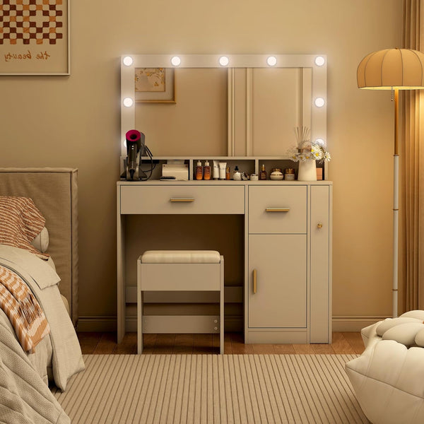 40.6" White Vanity Table with LED Lights White Vanity Desk with 2 Drawers & Power Outlet, Sliding Jewelry Storage