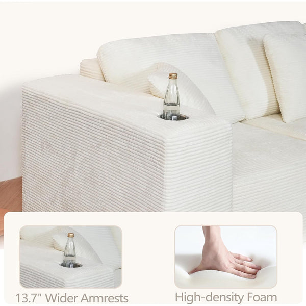 Akaber 101" Modular Sectional Sofa with U-Shape Chaise, 3-Seater Comfy Cloud Couch with Movable Ottoman, Deep Seat Couches for Living Room with Throw Pillows, White