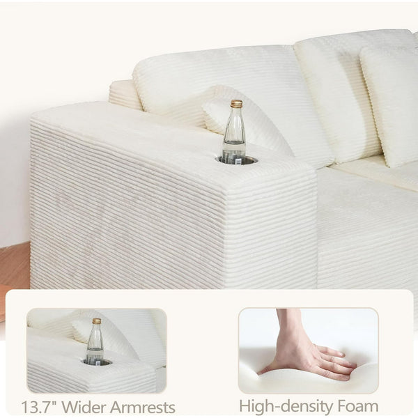 Akaber 130" Modular Sectional Sofa with L-Shape Chaise, 4-Seater Comfy Cloud Couch with Movable Ottoman, Deep Seat Couches for Living Room with Throw Pillows, White