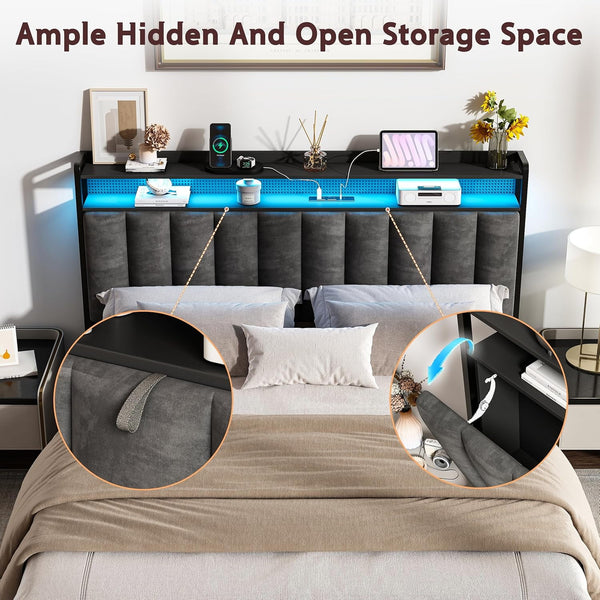 Akaber Queen Size Headboard only, Upholstered Headboard for Bed with Hidden Storage and Charging Station, LED Lights, Adjustable, Easy Assembly, Black (Queen (U.S. Standard))
