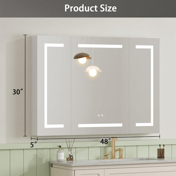 Medicine Cabinet with LED Mirror for Bathroom, 30''x48'' Aluminum, Wall Mounted Surface led Medicine Cabinet, Defog, Stepless Dimming, 3 Color Change, 2 Outlets, 2USB