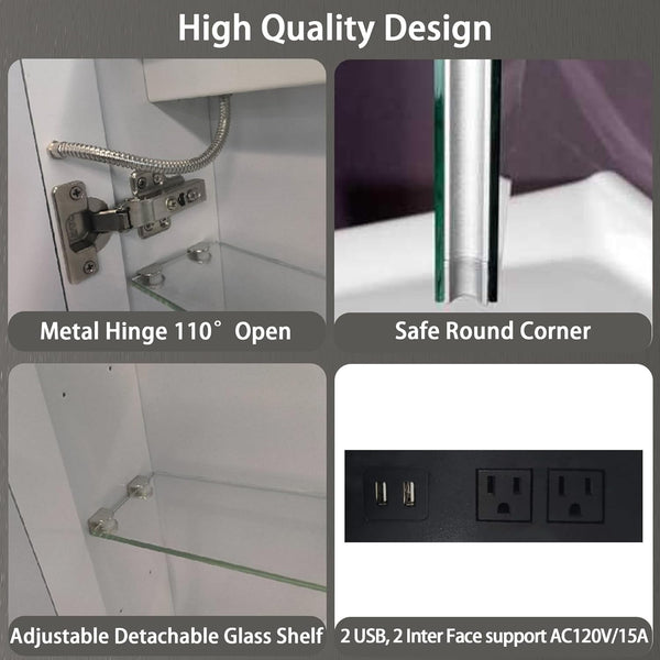 Medicine Cabinet with LED Mirror for Bathroom, 24''x40'' Aluminum, Wall Mounted Surface led Medicine Cabinet, Defog, Stepless Dimming, 3 Color Change, 2 Outlets, 2USB