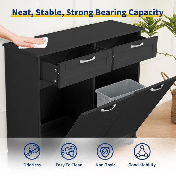 10 Gallon Double Tilt Out Trash Cabinet, ICEELF Kitchen Trash Can Cabinet, Dog Proof Tilt Out Trash Bin Holder, Free Standing Recycling Cabinet with 2 Hideaway Drawers for Kitchen Living Room