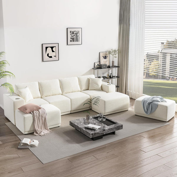 Akaber 130" Modular Sectional Sofa with U-Shape Chaise, 4-Seater Comfy Cloud Couch with Movable Ottoman, Deep Seat Couches for Living Room with Throw Pillows, White