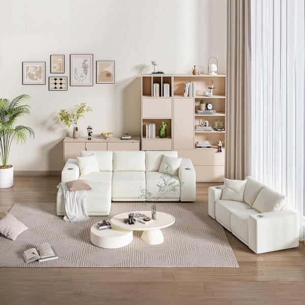 Akaber 101" Modular Sectional Sofa with L-Shape Chaise, 3-Seater Comfy Cloud Couch with Movable Ottoman, Deep Seat Couches for Living Room with Throw Pillows, White