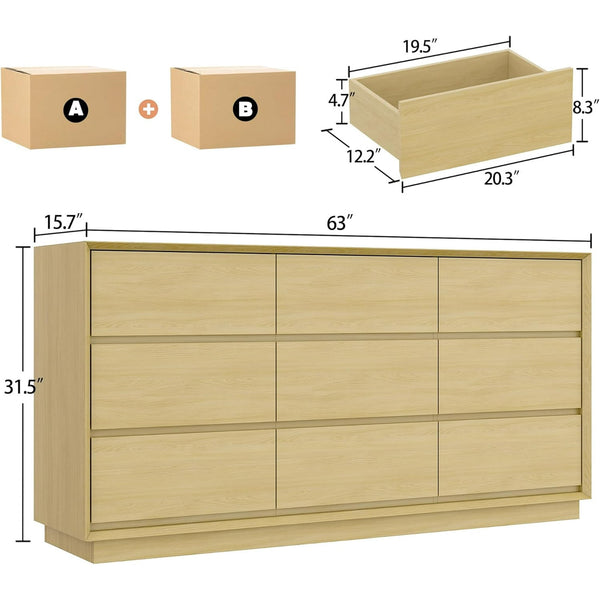 Akaber US 63'' Wooden Dresser for Bedroom, Large Dresser with 9 Deep Chests of Drawers for Bedroom, Living Room, Closet