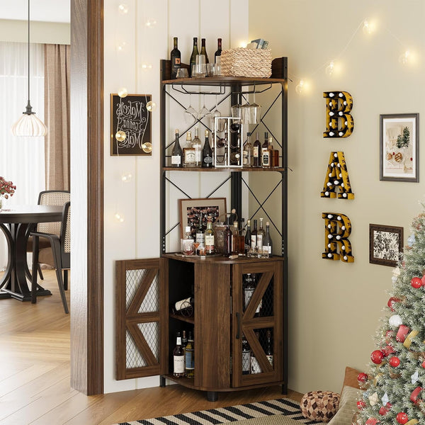 Corner Bar Cabinet with RGB LED Lights and Power Outlet, 63 Inch, 5-Tier Industrial Corner Wine Cabinet with Glass Holder, Corner Liquor Cabinet for Home, Coffee Bar Cabinet