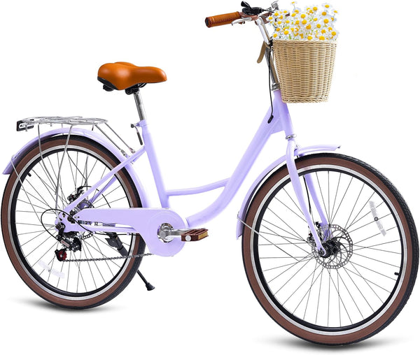 DEYGIA Kids Bike, Cruiser Bike for Girls, 24 inch 7 Speed Kids' Bicycles with Rattan Basket and Adjustable Seat, Lightweight Step Bike for Girls