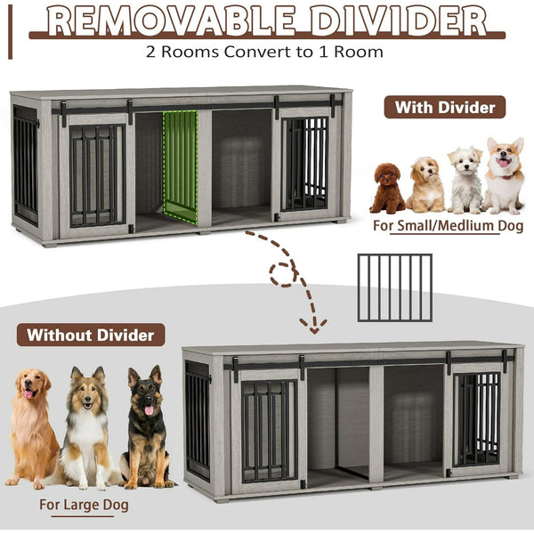Akaber Large Dog Crate Furniture for 2 Dogs, Upgrade 71" Pro XXL Sliding Door Heavy Duty Dog Kennel Furniture with Divider, Steel Frame Indoor Double Dog Crate for Large Medium Small Dogs, Light Grey