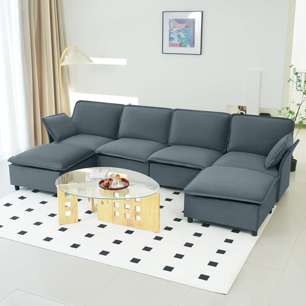 Akaber 130" U-Shaped Cloud Sectional Sofa, Modular Velvet Convertible Sofa Bed with Storage,Plush Living Room Couch (Grey)