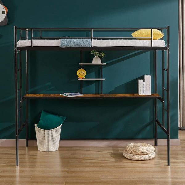 Twin Size Loft Bed Frame with Desk Metal, Multifunctional Loft Bed Frame with Safety Ladder & Guardrail, Space-Saving, No Box Spring Needed