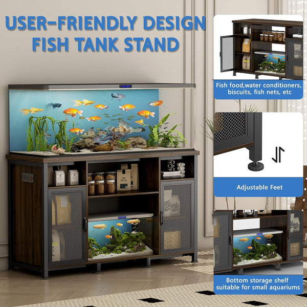 55-75 Gallon Fish Tank Stand with 2-Metal Net Door, Aquarium Stand with Power Outlets and Cabinet for Fish Tank Accessories Storage, Heavy Duty Metal Frame