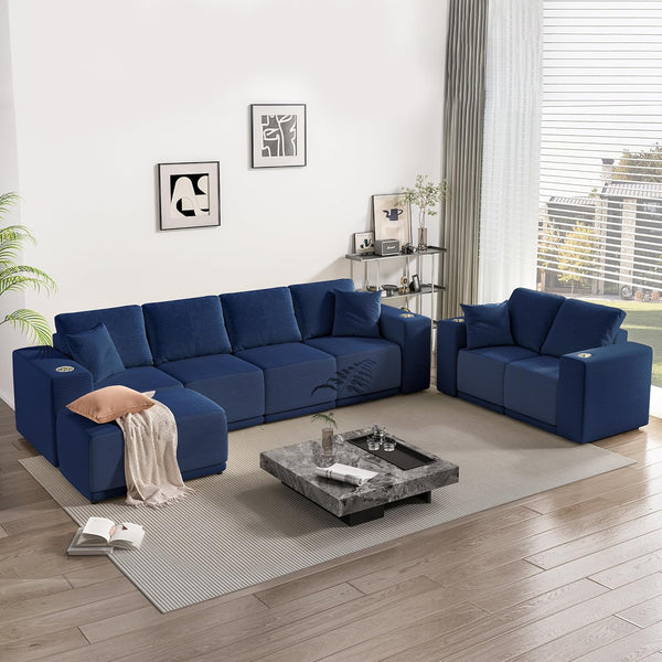 Akaber 130" Modular Sectional Sofa with L-Shape Chaise, 4-Seater Comfy Cloud Couch with Movable Ottoman, Deep Seat Couches for Living Room with Throw Pillows, Lake Blue