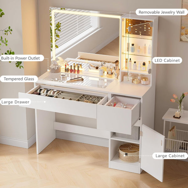 Pipleo 41" Vanity Desk with Glass Top, Makeup Vanity Desk with Mirror and Lights, Modern White Vanity with Power Outlet and 3 Lighting Modes