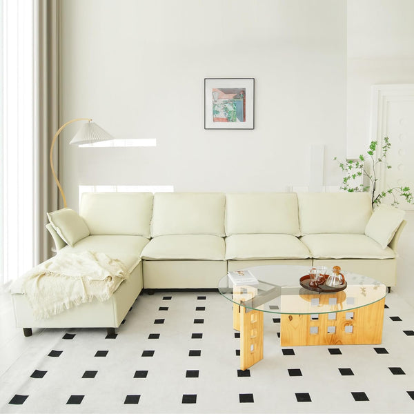 Akaber 130" L-Shaped Cloud Sectional Sofa, Modular Velvet Convertible Sofa Bed with Storage,Plush Living Room Couch (Beige)