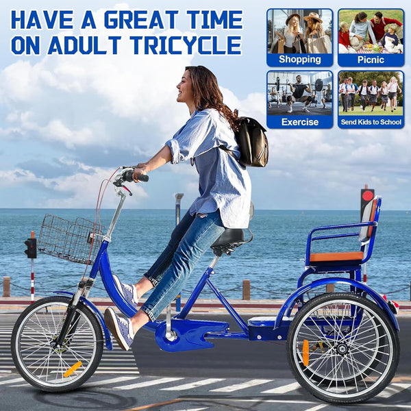 Pipleo 20" Adult Tricycle with Rear Seats, 3-Wheel Bikes, Baskets, for Senior