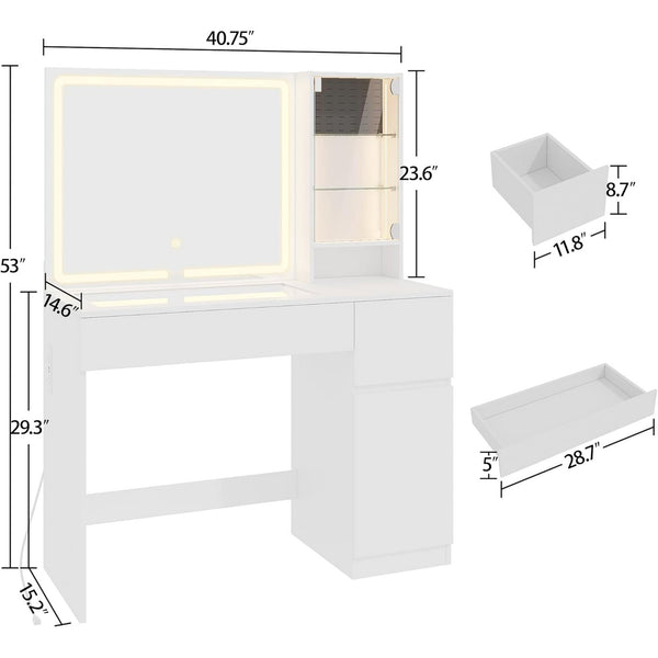 Pipleo 41" Vanity Desk with Glass Top, Makeup Vanity Desk with Mirror and Lights, Modern White Vanity with Power Outlet and 3 Lighting Modes