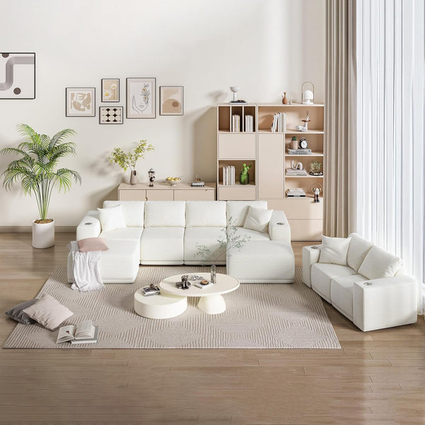 Akaber 130" Modular Sectional Sofa with U-Shape Chaise, 4-Seater Comfy Cloud Couch with Movable Ottoman, Deep Seat Couches for Living Room with Throw Pillows, White