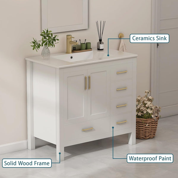 36" Bathroom Vanity with Sink and Faucet, Ceramic Countertop, Ceramic Sink, Mirror, Pop up Drain, Drain Pipe, 9/16'' Hot and Cold Pipes, Soft-Close Doors, and 5 Drawers