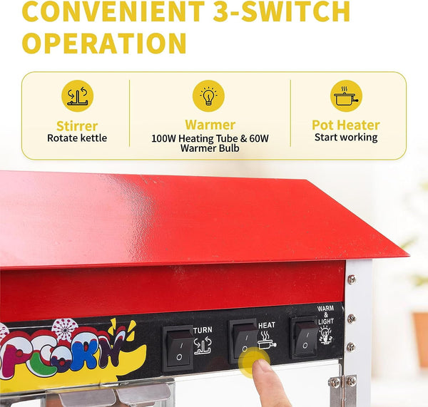 10 oz Commercial Hot Air Popcorn Maker, 1300W 60 Cups per Batch