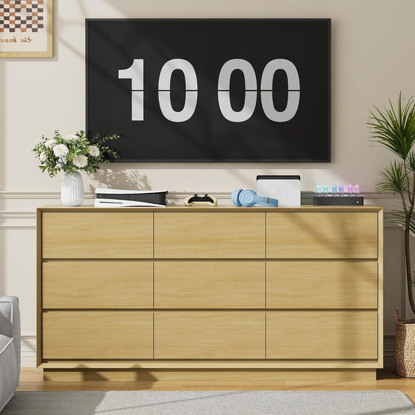 Akaber US 63'' Wooden Dresser for Bedroom, Large Dresser with 9 Deep Chests of Drawers for Bedroom, Living Room, Closet