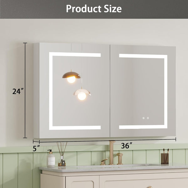 Medicine Cabinet with LED Mirror for Bathroom, 36''x24'' Aluminum, Wall Mounted Led Medicine Cabinet, Defog, Stepless Dimming, 3 Colors, 2 Outlets, 2USB, Wall Mounted