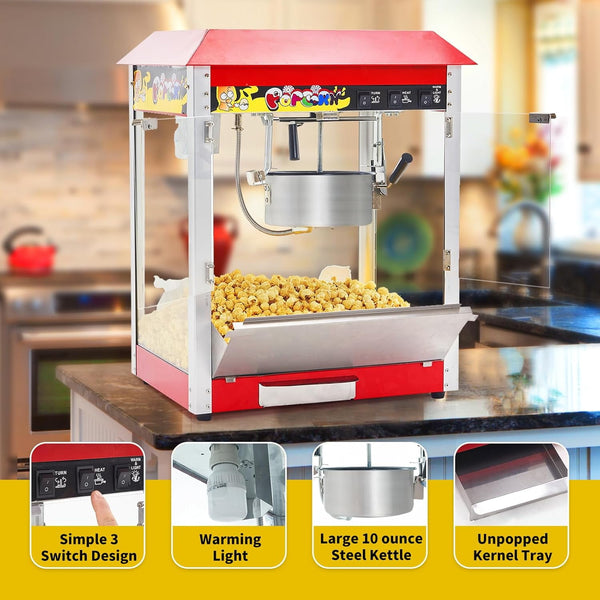 10 oz Commercial Hot Air Popcorn Maker, 1300W 60 Cups per Batch