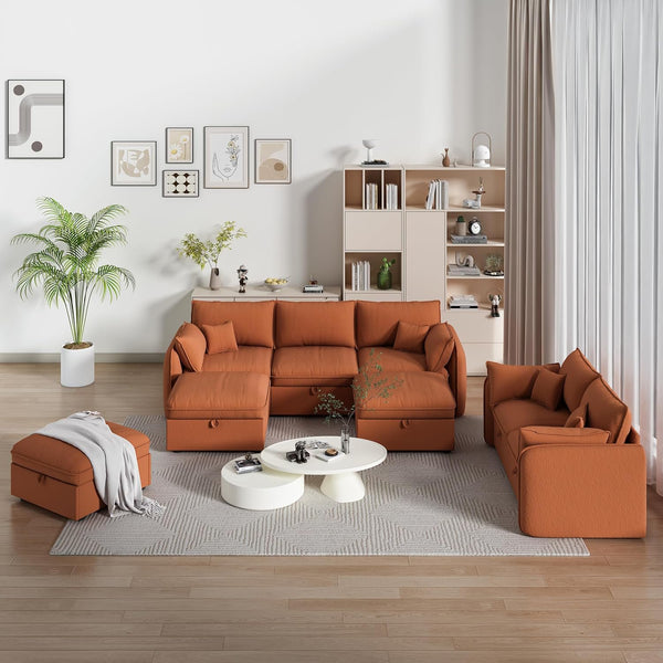 Akaber Modular Sectional Sofa, 107 Inch U Shaped Couch with Movable Storage Ottoman, 25 Inch Deep Seat, Cloud Couches for Living Room, Orange