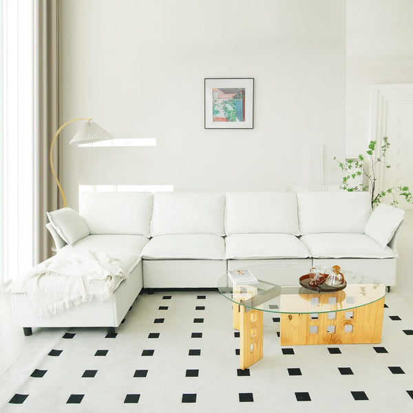 Akaber 130" L-Shaped Cloud Sectional Sofa, Modular Velvet Convertible Sofa Bed with Storage,Plush Living Room Couch (White)