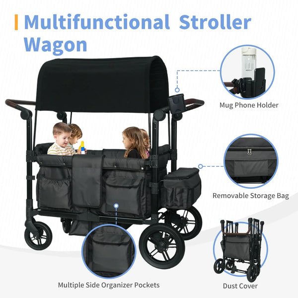 Wagon Stroller for 4 Kids, Linor Stroller Wagon 4 Seater Featuring 4 High Seat with Footwell, 5-Point Harnesses and Adjustable Canopy, Foldable Double Push Bar Baby Wagon for Camping