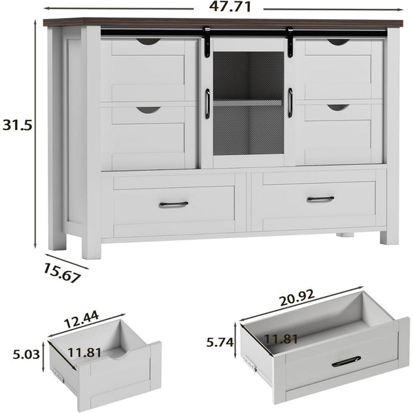 48" Farmhouse with 6 Drawers, 2 Shelves, and Sliding Barn Doors, Linor Farmhouse Chests of Drawers for Bedroom, Drawer Dresser TV Stand for Living Room, Antique White