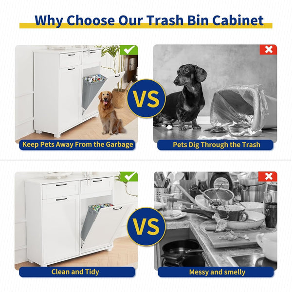 10 Gallon Double Tilt Out Trash Cabinet, ICEELF Kitchen Trash Can Cabinet, Dog Proof Tilt Out Trash Bin Holder, Free Standing Recycling Cabinet with 2 Hideaway Drawers for Kitchen Living Room