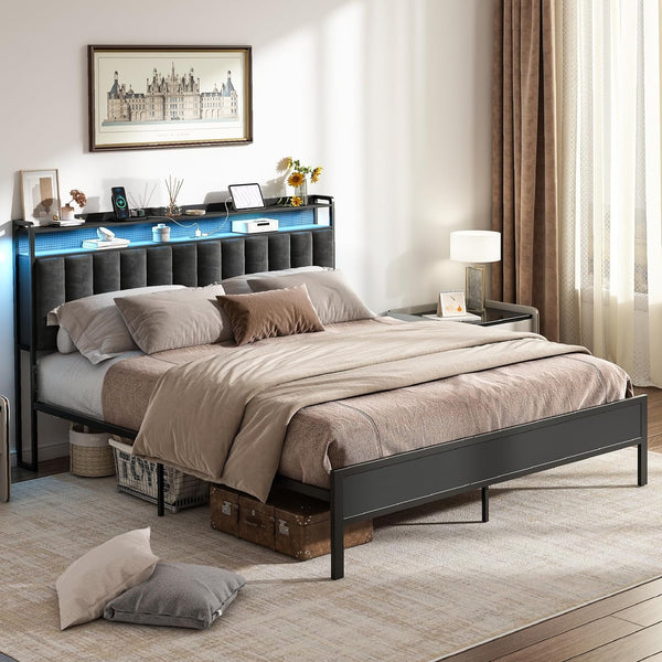 Akaber King Size Headboard only, Upholstered Headboard for Bed with Hidden Storage and Charging Station, LED Lights, Adjustable, Easy Assembly, Black (King (U.S. Standard))