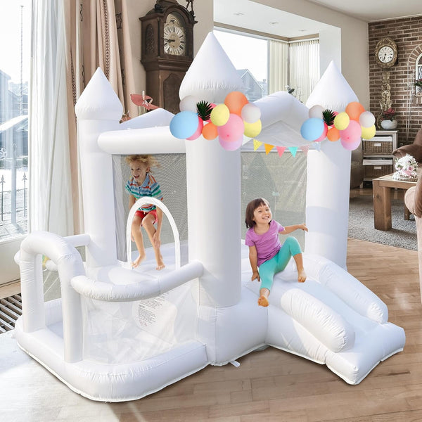 Wanan White Bounce House, 9FT Inflatable Bounce House for Kids, 840D Oxford Cloth Bounce House with Slide, Castle Style Bouncy House with Blower, Easy to Set up, Party & Birthday & Gift