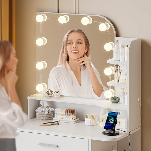 Pipleo 26.4" Small Makeup Vanity Set with Mirror and Lights, Modern Vanity Desk with Bench and Power Outlets