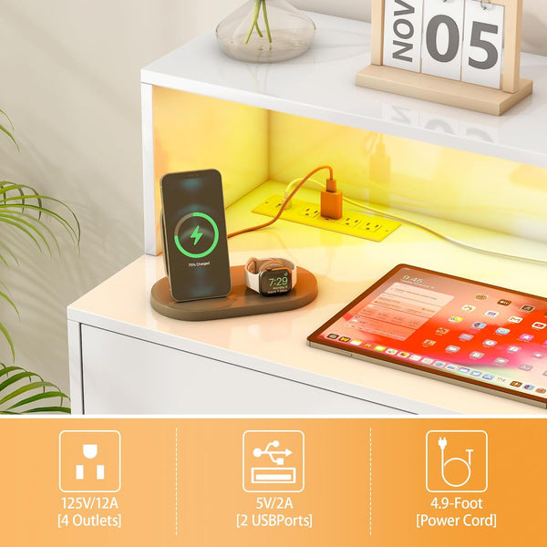 Akaber US 4 Drawer Dresser, 47.2" Modern Dresser and Chests of Drawers with LED Lights, Tall Chest of Drawers with Charging Station for Bedroom, Living Room