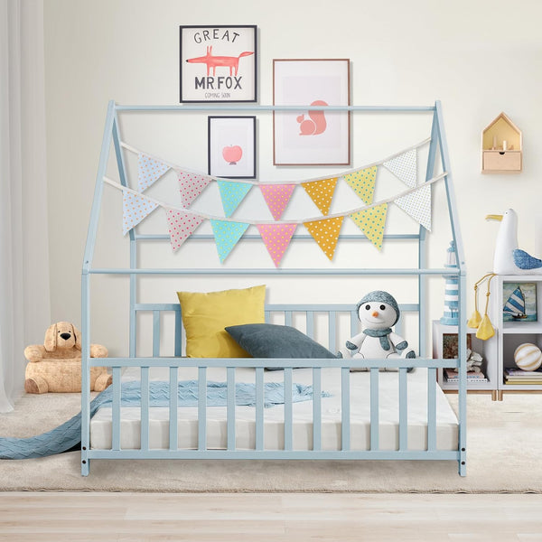 Blue Full Size Wood Floor Bed, Twin Size Low House Playhouse Bed with Headboard and Footboard, Toddler Floor Bed Frame for Boys, Girls, Easy Assembly, No Box Spring Needed