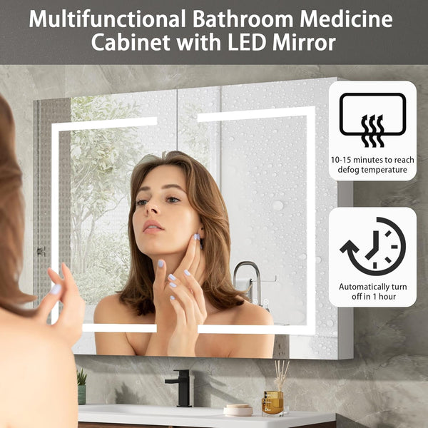Medicine Cabinet with LED Mirror for Bathroom, 30''x36'' Aluminum, Wall Mounted Surface led Medicine Cabinet, Defog, Stepless Dimming, 3 Color Change, 2 Outlets, 2USB