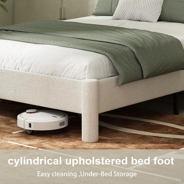 Akaber King Bed Frame, Upholstered Bed Frame with Rounded Corners, Boucle Soft Cloud Bed Frame in Modern Style, Noise-Free Structure, Easy Assembly, Cream