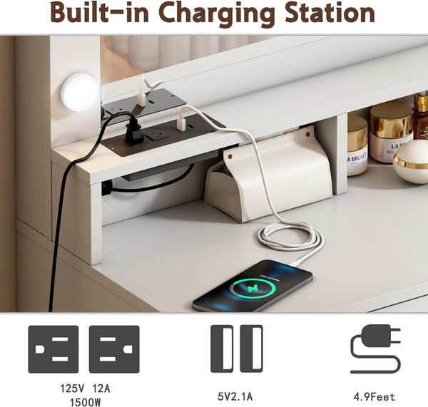 40.6" White Vanity Table with LED Lights White Vanity Desk with 2 Drawers & Power Outlet, Sliding Jewelry Storage