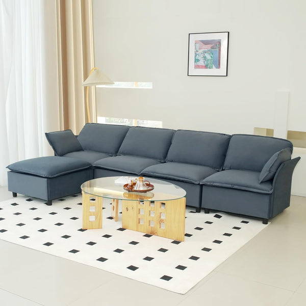 Akaber 130" L-Shaped Cloud Sectional Sofa, Modular Velvet Convertible Sofa Bed with Storage,Plush Living Room Couch (Grey)