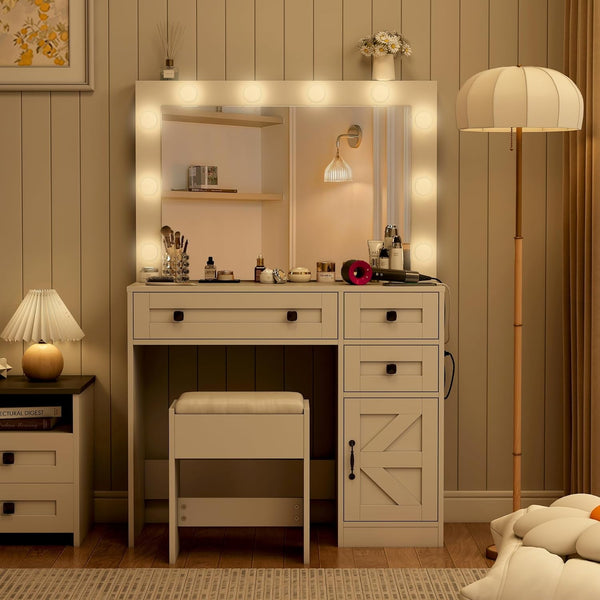 35.4" Makeup Vanity Desk with Mirror and Light,Glass Tabletop Farmhouse White Vanity with Power Outlet & 3 Drawers, 3 Color Lighting Mode, Bedroom Vanity Desk for Girl, Women
