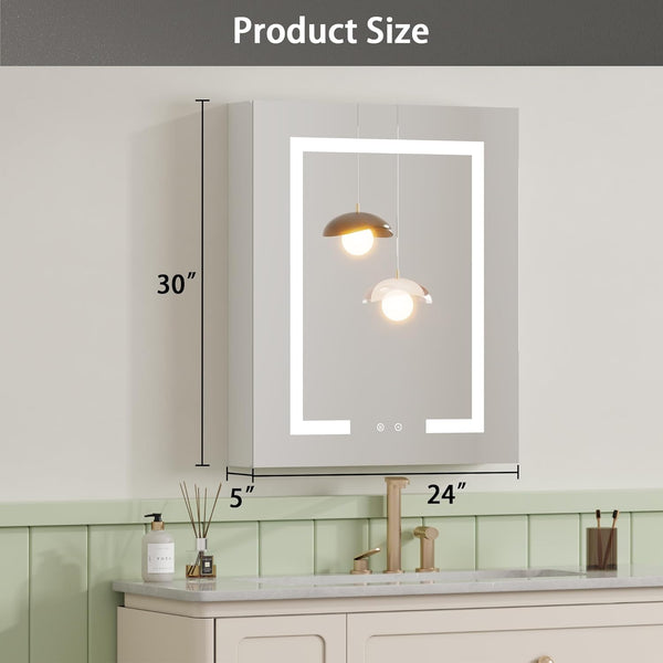 Medicine Cabinet with LED Mirror for Bathroom, 24''x30'' Aluminum, Wall Mounted Led Medicine Cabinet, Defog, Stepless Dimming, 3 Colors, 2 Outlets, 2USB