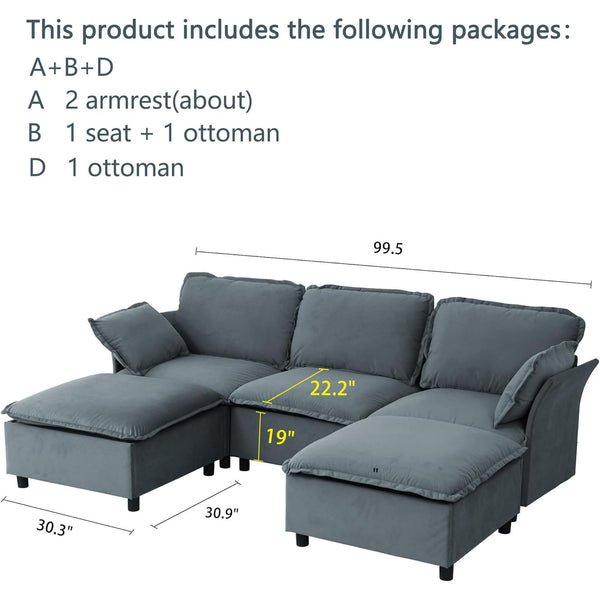 Akaber 100" U-Shaped Cloud Sectional Sofa, Modular Velvet Convertible Sofa Bed with Storage,Plush Living Room Couch (Grey)