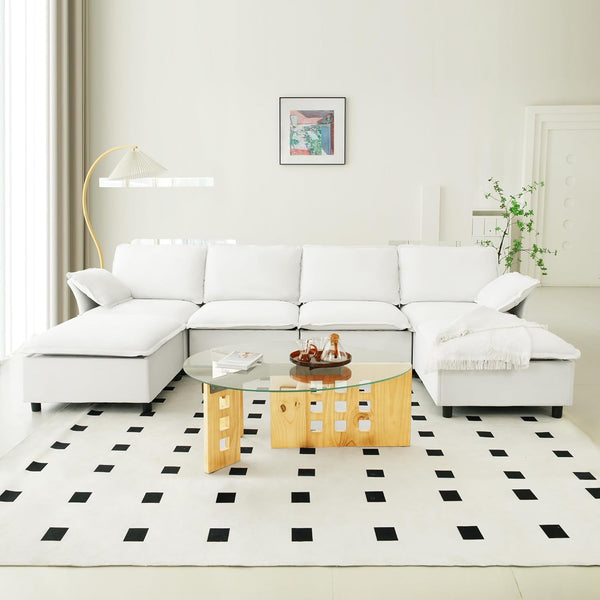 Akaber 130" U-Shaped Cloud Sectional Sofa, Modular Velvet Convertible Sofa Bed with Storage, Plush Living Room Couch(White)